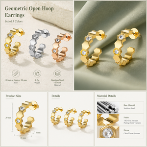 Boucles d'oreilles créoles géométriques en zircon, en acier inoxydable plaqué or 14 carats, or, argent, or rose, ouvertes, style Huggie - Product Image 5