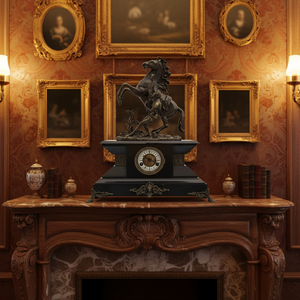 Reloj de Mesa de Estilo Francés con Figura de Latón Antiguo de los Caballos de Marly y Mecanismo de Mármol - Product Image 3