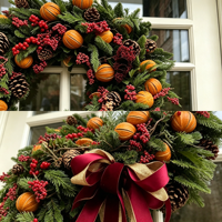 Guirnalda Artificial de Piñas y Bayas Naranjas para Puerta Principal, Decoración Otoñal para Colgar en la Pared, Estilo Rústico, para Acción de Gracias