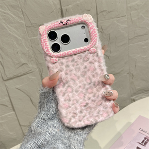 Cartoon Leopard pattern Ear Bow plush Mobile <b>Phone</b> case for iPhone 17 16 15 14 13 Pro Max KT Cat Cute Fabric 3D Back Cover - Product Image 3