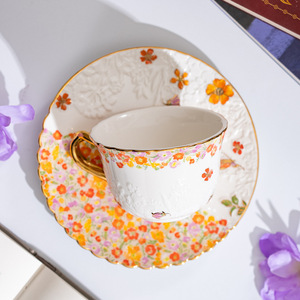 Vintage Ceramic Coffee <b>Cup</b> and Saucer - Floral Embossed <b>Gold</b> Rim Afternoon Tea <b>Cup</b> - Product Image 3