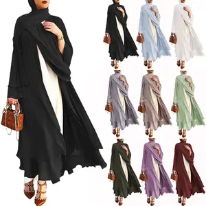 Kimono Open Abaya New Modest Fashion Layered Long Sleeve Cardigan Wholesale Islamic Clothing Women Muslim Dress Dubai Abaya