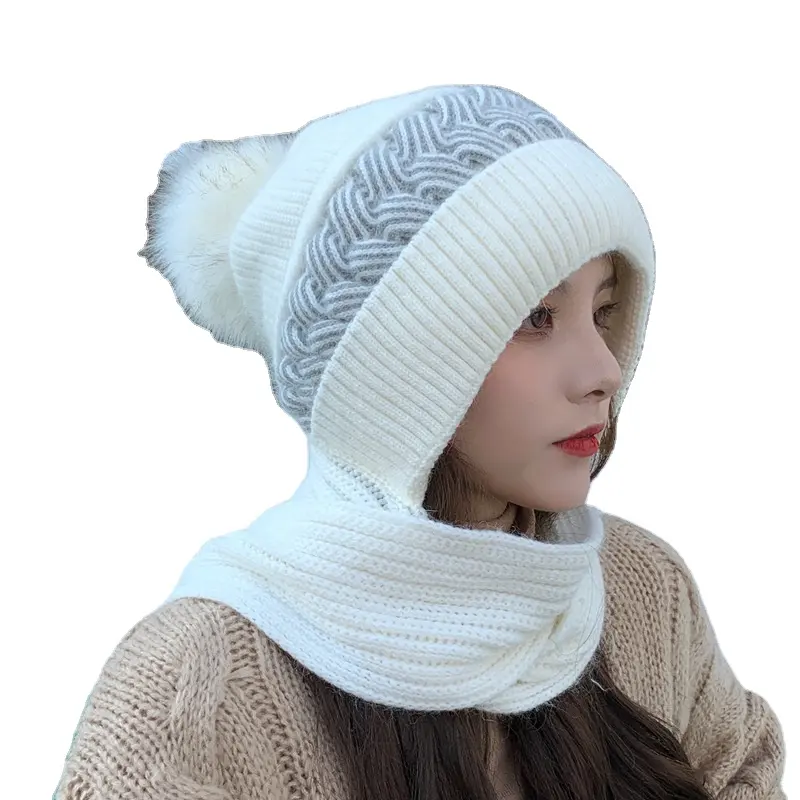 HK0005 Wholesale in-stock women subzero ear protection pompom one piece custom knitted woolen winter hats and scarf