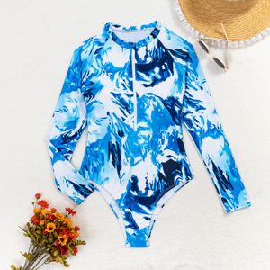 Maillot de bain une pièce imprimé à manches longues et fermeture éclair pour femme, SMLXLXXL, polyester, motif bleu et blanc - Product Image 2