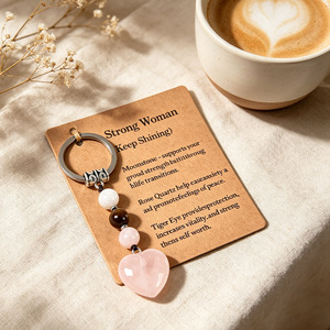 Llavero de Corazón con Cuentas de Piedra Natural, Cuarzo Rosa, Acero Inoxidable, Portátil, Unisex - Product Image 1