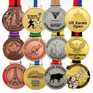 เหรียญรางวัลโลหะผสมสังกะสีเคลือบสีทองสำหรับกังฟู เทควันโด คาราเต้ แบบ 2 มิติ 3 มิติ มวย WKF BJJ ยิวยิตสู ยูโด เหรียญรางวัลกีฬา ขายส่ง - Product Image 1