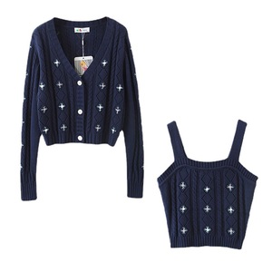 Conjunto de Cárdigan y Camisola de Punto Runqi Azul Marino para Mujer, con Patrón Bordado, Talla Grande - Product Image 1
