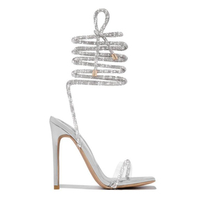 Women Rhinestone Ankle Wrap Stiletto Sandals Square Toe Lace Up High Heels For Party <b>Wedding</b> - Product Image 4