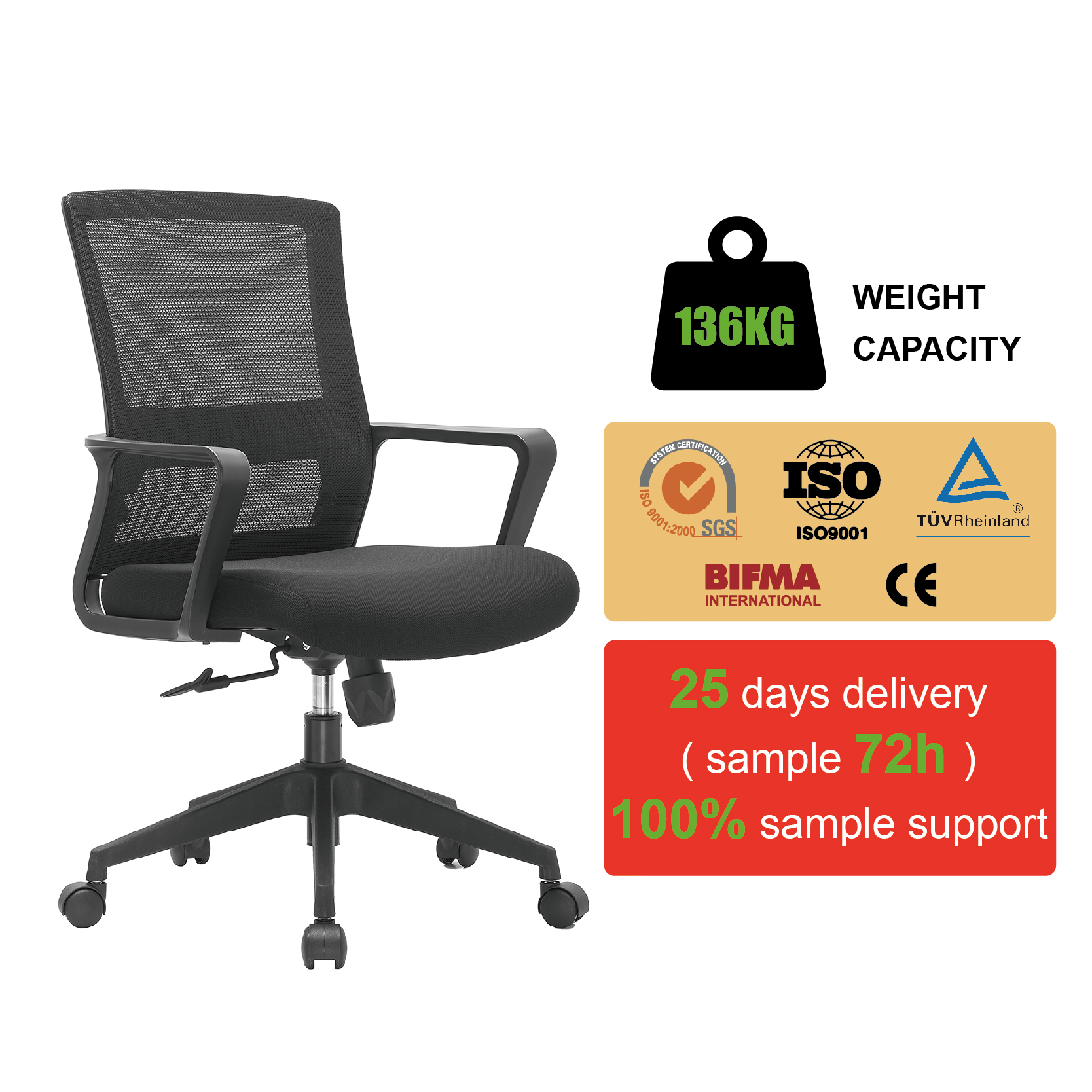 Guangdong Wholesale Modern Net Adjustable Mid Back Swivel Ergonomic Office Chair With Lumbar Support