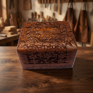 Boîte de rangement artisanale en bois pour bijoux, style folk moderne, avec motif sculpté, forme carrée 4x4 pouces, pour bijoux féminins - Product Image 2