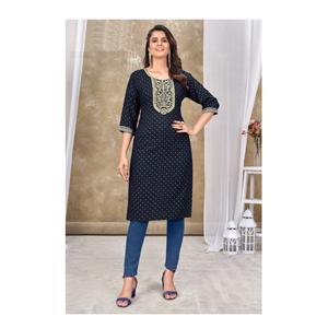 Diseño atractivo Rayón Slub Bordado Kurtis Ropa india y pakistaní Ropa informal Kurti Set a precio a granel - Product Image 1