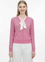 Cardigan court en maille pour femme, col en V, texture gaufrée, avec nœud blanc, boutons perlés, manches longues, élégant, veste pull violette