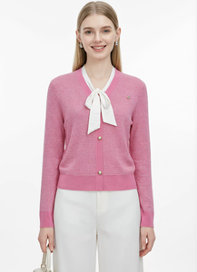 Cardigan Corto da <span class=keywords><strong>Donna</strong></span> con Scollo a V, Lavorazione a Nido d'Ape, Bottoni in Perla, Maniche Lunghe, Elegante Giacca Maglione Viola con Fiocco Bianco - Product Image 3