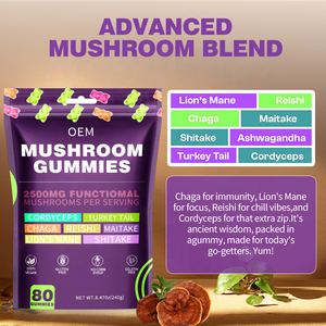 เยลลี่เห็ดวิตามินเสริมภูมิคุ้มกันและเพิ่มพลังงาน สูตรวีแกน ปราศจากน้ำตาล ผสมสารสกัดจากอัชวากันธา เห็ดหลินจือ และเห็ดหลินจือหัวสิงโต สำหรับแบรนด์ส่วนตัว (OEM) - Product Image 2