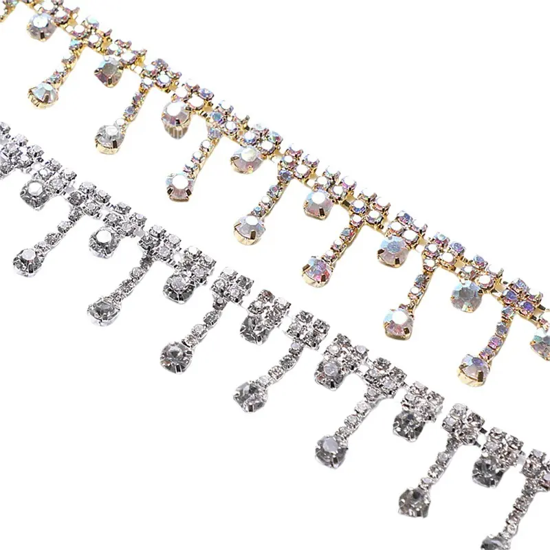 Wholesale Garment Accessories Custom Gold Crystal Decorative Tassel Trim Strass Chain Rhinestone Fringe For Dress