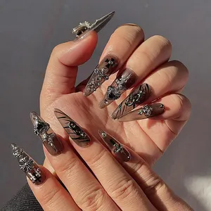 Popular China Wholesale Press On Nails Black French Half Cover Diamonds Press On Nails Handmade Fingernails Press On Nails