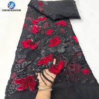 Tissu en dentelle Sinya brodé à la main, avec fleurs 3D, tulle, velours, ruban, broderie et sequins, idéal pour robe de mariée Aso Ebi ou tenue de soirée