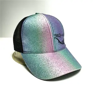 야구 모자 여성 높은 조정 가능한 퍼프 곱슬 머리 고민 반짝이 인쇄 야구 모자 모자 포니 테일