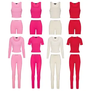 Custom LOGO Color Women Basic Tshirt And Leggings High Stretch Outfits Cotton Ribbed Lounge Wear Women Two Piece Pants Set