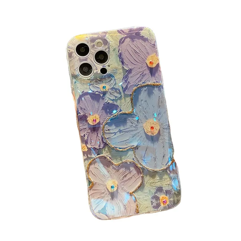 Fashion oil painting Purple and blue Daisy flowers flash drill phone case for iphone 13/11promax/12promax