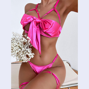 Conjunto de lencería sexy, sujetador con lazo, tentación negra, conjunto de lencería de tres piezas, fiesta hueca, tejido, Control de luz, ropa de dormir erótica para mujer - Product Image 5
