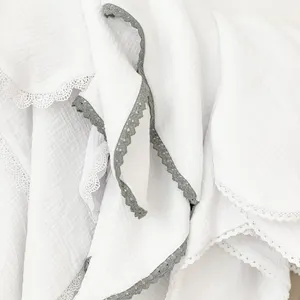 Custom 100% Cotton White Crib Baby Bedding Muslin Baby Blankets Cotton With Lace Trim