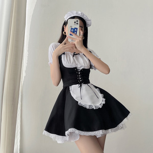 Japanese Cute Maid Dress Short Sleeve Lolita Cosplay Costume Black Polyester Anime Role Play Outfit Summer 2022 - Product Image 4