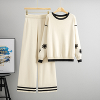 Mode automne, style simple, manches longues, élégant, costume en tricot pour femmes, pull ample à col rond, pantalon large, ensemble deux pièces