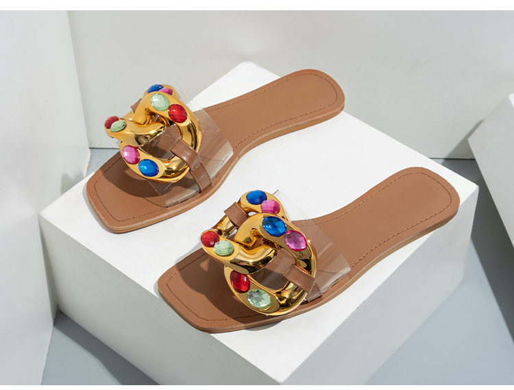 Candy Color Rhinestone Flat Women's flip-flops Fashion Metal Buckle Transparent Slipper Sandals