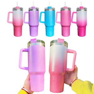 Gobelet de 40 oz grande capacité, ombré, scintillant, avec poignée et paille, pour impression par transfert thermique par sublimation - Product Image 3