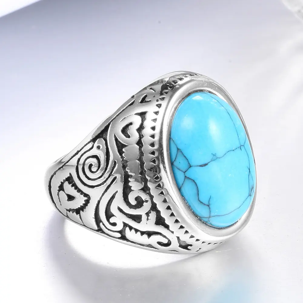 wholesale Vintage Punk Cheap Mens Black Oval Gem Stainless Steel Jewelry Casting Turquoise Ring For Boys