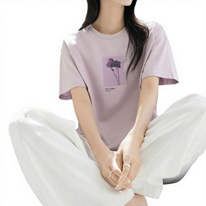 Women Loose Fit Short Sleeve T-<b>Shirt</b> Purple Floral Print Crew Neck Casual Summer Breathable Jersey Cotton Top - Product Image 2