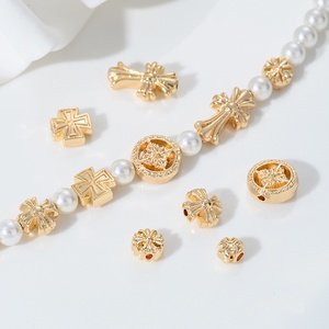 Nuevo Estilo, Cuentas Espaciadoras Redondas con Cruz, Chapadas en Oro de 14K, Hechas a Mano, Material para Pulseras y Collares con Cuentas - Product Image 1