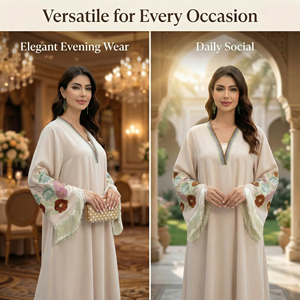 Abaya Crème à Broderie Florale avec Manches à Pompons pour Occasions Spéciales Commande en Gros - Product Image 4