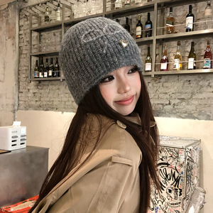Bonnet en laine tricoté style coréen gris beige chaud automne hiver pour femme, décontracté, effet amincissant pour le visage, cache-oreilles - Product Image 4