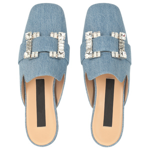 Close Square <b>Toe</b> Denim Upper With Crystal Buckle Decoration Flats Mules Ladies Women's Slide Diamond Slipper Sandals - Product Image 5