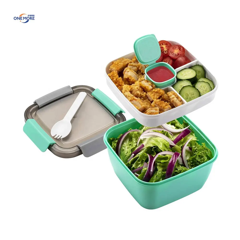 BPA Free Salad Food Bowls 52oz Salad Dressings Container with 3 Compartments Bento Lunch Box