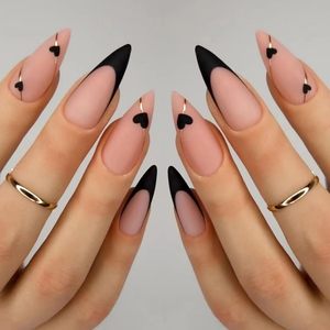 <span class=keywords><strong>Uñas</strong></span> <span class=keywords><strong>de</strong></span> prensa <span class=keywords><strong>de</strong></span> Punta francesa negra, <span class=keywords><strong>uñas</strong></span> con pegamento corto <span class=keywords><strong>de</strong></span> almendra, <span class=keywords><strong>diseño</strong></span> <span class=keywords><strong>de</strong></span> línea dorada, <span class=keywords><strong>uñas</strong></span> acrílicas reutilizables, cubierta completa, palo para dedo, Corazón - Product Image 1