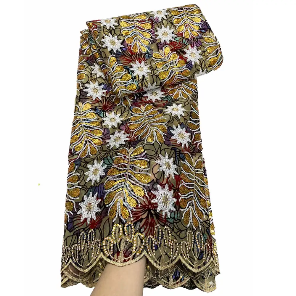 Tissu de dentelle africaine dorée Tissu de broderie Jacquard flocage écologique Tissu de broderie à paillettes brillantes pour robe de soirée Lagos