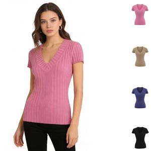 Camiseta de Punto de Manga Corta con Cuello en V para Mujer, Corte Ajustado, Estilo Sexy y Versátil - Product Image 1