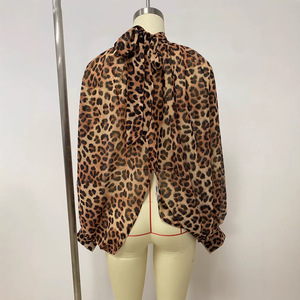 Camicetta Trasparente con Stampa Leopardata 2026 da Donna, Top a Maniche Lunghe con Collo Alto e Dettaglio Catena di Perle, Ideale per Feste e Clubwear, Crop Top - Product Image 6