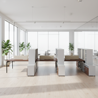 Bureau d'équipe avancé avec cadre en bois, rangement multi-niveaux, espace de travail professionnel, caractéristiques ergonomiques modernes, bureaux debout pour bureaux ouverts