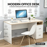 Bureau d'ordinateur en panneaux de particules de bois avec 3 tiroirs, trou pour câbles, table d'écriture blanche pour bureau à domicile, chambre à coucher