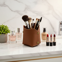 Support de bureau pliable RR avec rangement pour stylos, logo personnalisé, en cuir PU, élégant, pour stylos et pinceaux de maquillage