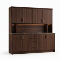 Buffet de cuisine en noyer à texture cannelée, éclairage LED, meuble de rangement de style mid-century avec portes à lattes et plan de travail anthracite