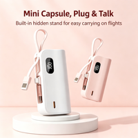 Batterie externe mini 3-en-1 personnalisée avec logo, 5000 mAh, affichage numérique, support de téléphone et câbles intégrés à double embout