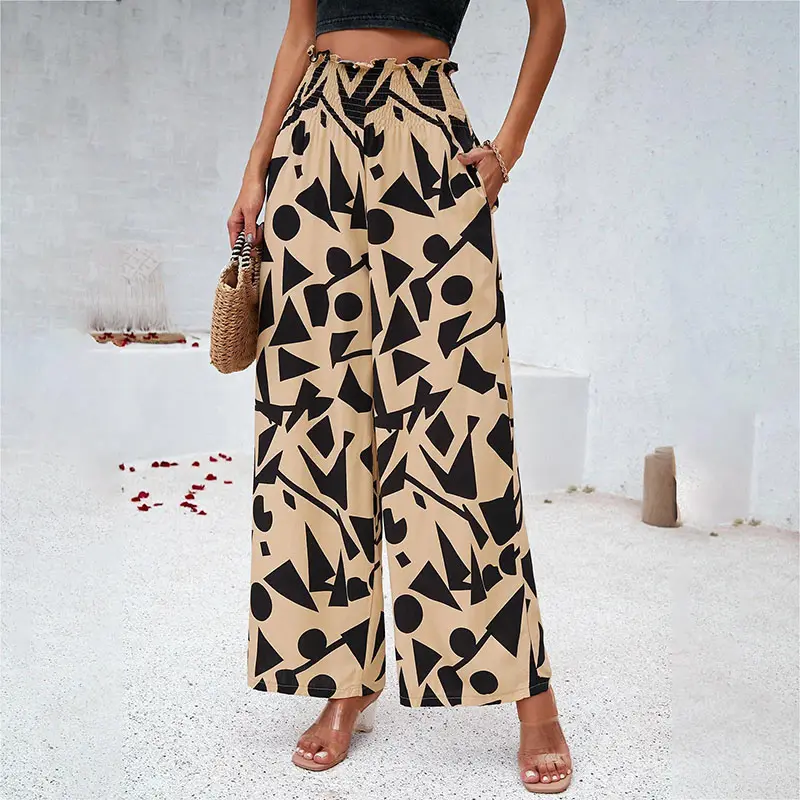 Fashion High Quality Vocation Style Women's Pants Custom Printed Wide Leg Casual Flowy Pants with Pockets