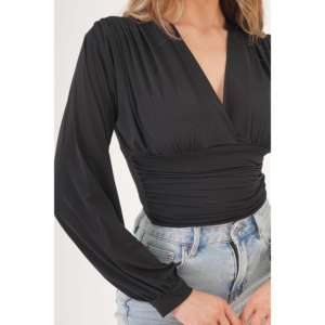 Blusa de Moda Coreana para Mujer al por Mayor, con Escote en V Drapeado, Bordada, Talla XL Disponible, Tejido de Seda, Larga, para Primavera y Oficina - Product Image 3