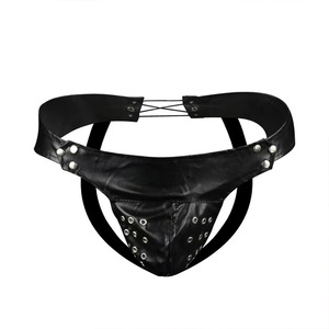 <b>Men's</b> Faux Leather <b>Studded</b> Thong Black Low-Rise Spandex Elastic Drawstring Underwear <b>for</b> Nightlife Spring 2023 - Product Image 5
