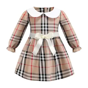 England Style Boutique Children Dress 100%cotton Plaid Autumn Long Sleeve Kids Peter Pan Collar Dress
